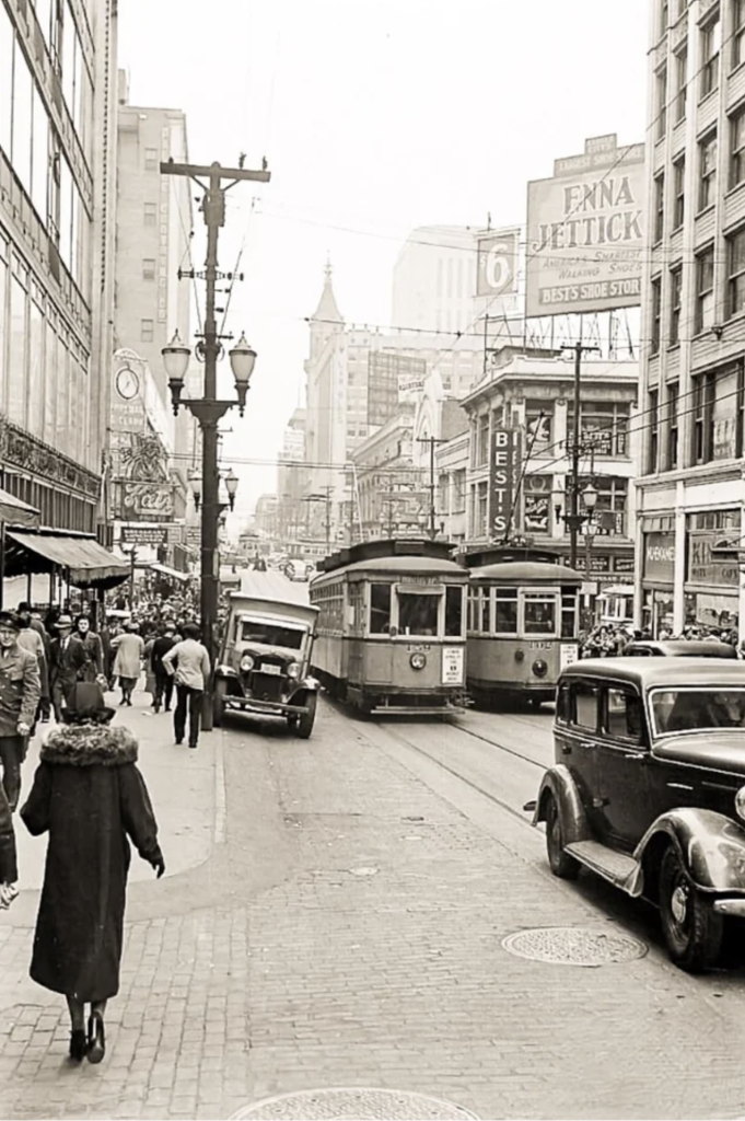 This 1935 photograph of downtown Kansas City shows the density of people, vehicles, and streetcars packed in one of the U.S.'s most walkable cities in the 20th century.