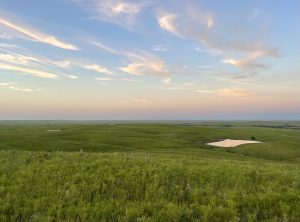 A sunset sky of cotton candy clouds shines above the Flint Hills of Kansas. Photo Credit: Sami Aaron