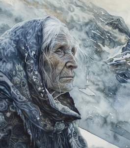 This artistic rendition of the Cailleach - the Celtic goddess of winter - shows an older woman gazing resolutely at a snowy wilderness. | Source: https://highpriestess.com.au/5-ways-to-connect-with-the-cailleach/ Original Artist: Unknown