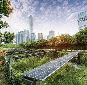 A vibrant cityscape lines the horizon, with ample flora and solar panels absorbing sunlight. Photo Credit: Kynny | Getty Images