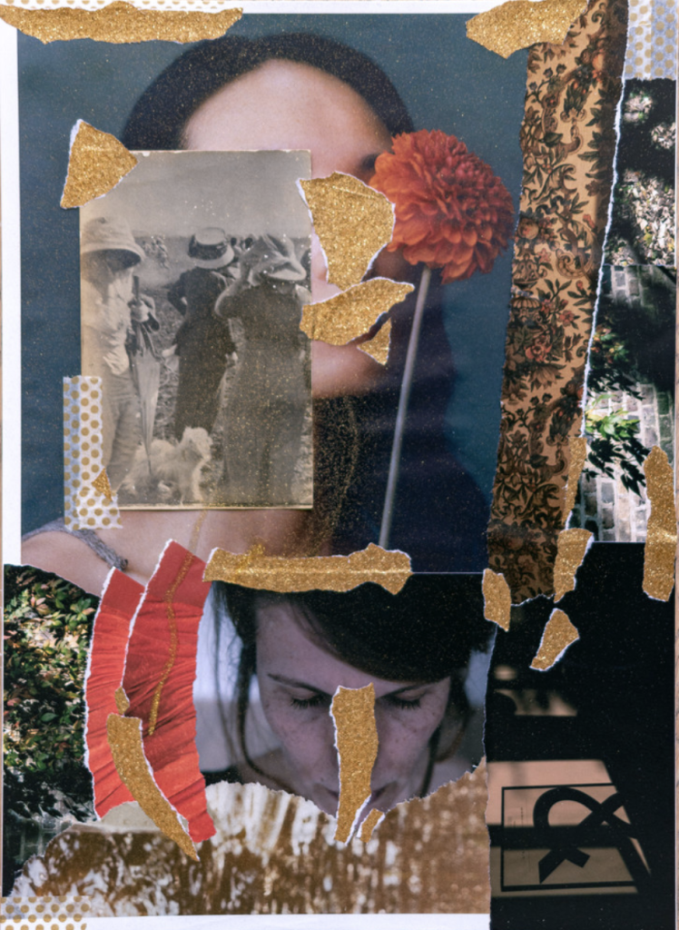 This collage by Marie Campain, built off the metaphor and practice of Kintsugi, explores the process of restoring joy from fragmented parts of our life, thus crafting a unique identity with golden thin scars. Collage Credit: Marie Campain